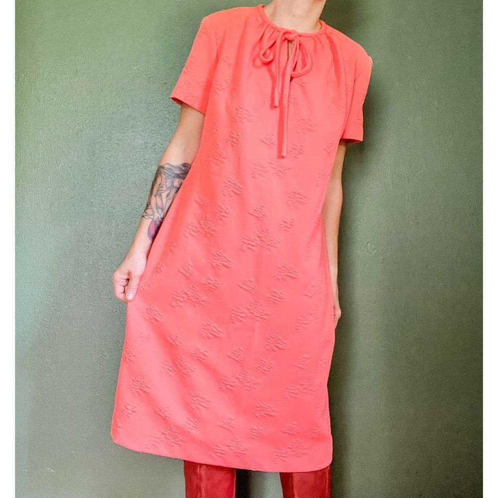 Vintage 60s 70s Salmon Pink Polyester Midi Dress with Pussybow Keyhole Neckline